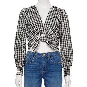 Keyhole Tie Front Woven Blouse - Gingham NWT